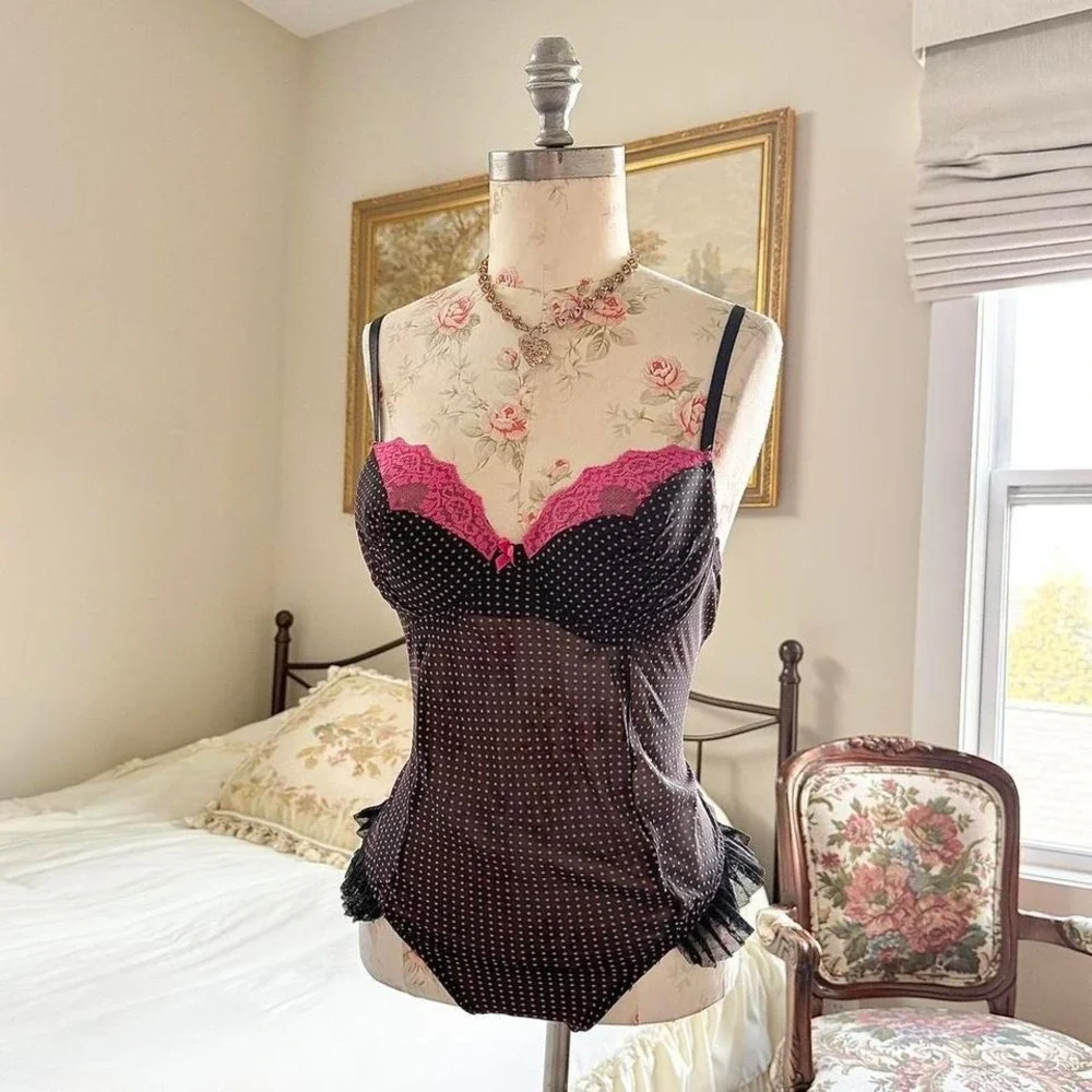 Y2K ambrielle black pink polka dot lace‎ bodysuit size large